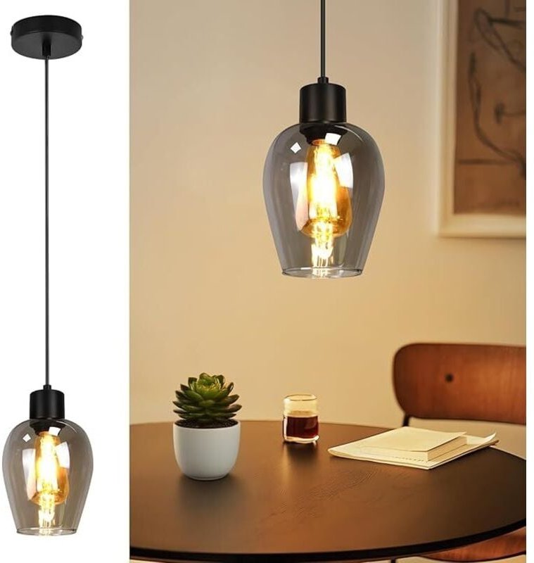 Thumbnail - GBLY Hängeleuchte Schwarz Hängelampe Esstisch Pendelleuchte E27 Einflammig Esszimmerlampe Rauchglas Vintage Für Küche Sc...