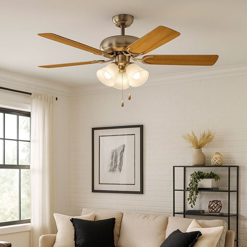 Deckenventilator las palmas, 5 Flügel Ventilator mit Licht, Zugkette, Wendeflügel aus Holz in Silber oder Eiche, Gehäuse...