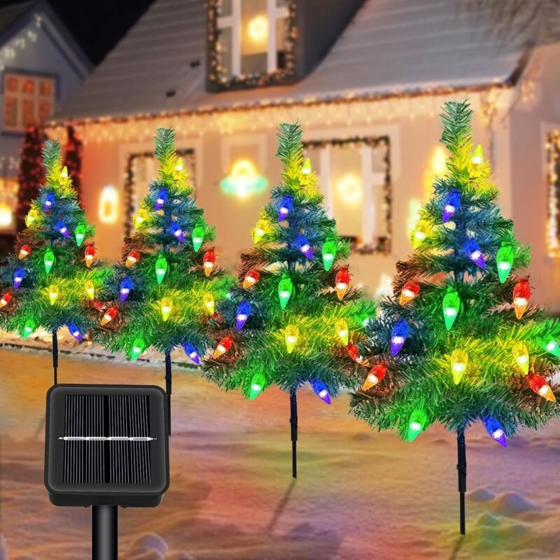 Weihnachtsbaum mit Solar-Lichterkette, 4 Weihnachtsbäume mit Erdbeerlichtern, Solar-Gartenlichter mit 80 C6LED, Weihnach...
