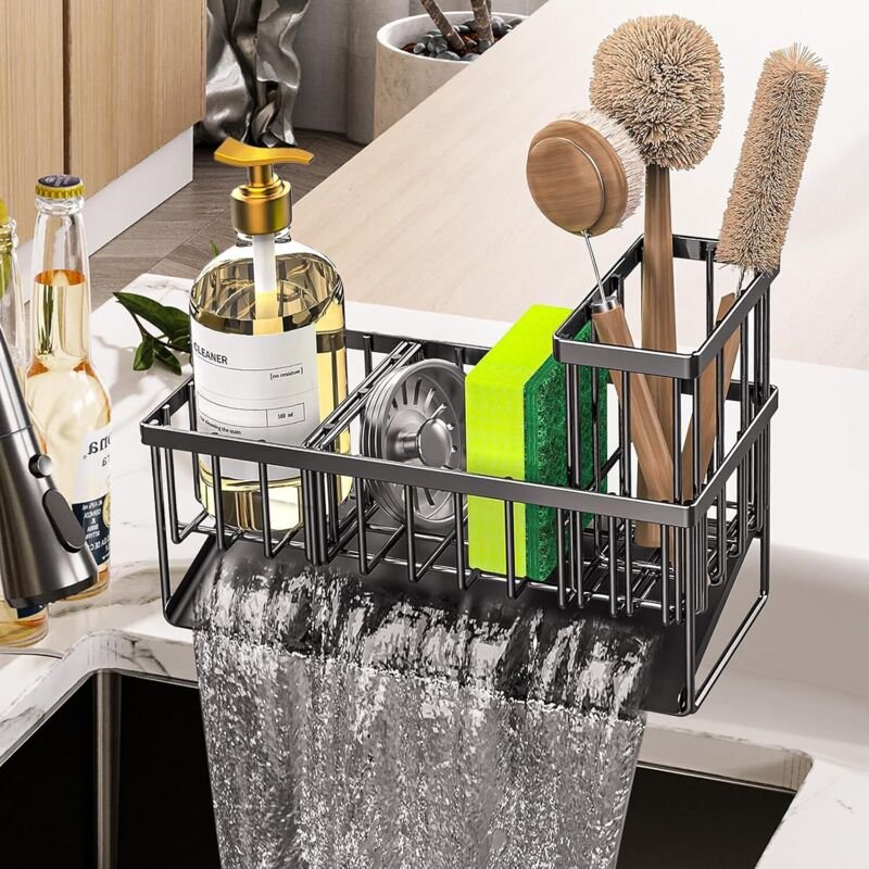 Spülbecken-Schwammhalter, Spülbecken-Organizer aus Edelstahl mit automatischer Abtropfschale, Spülbecken-Schwammkorb, to...