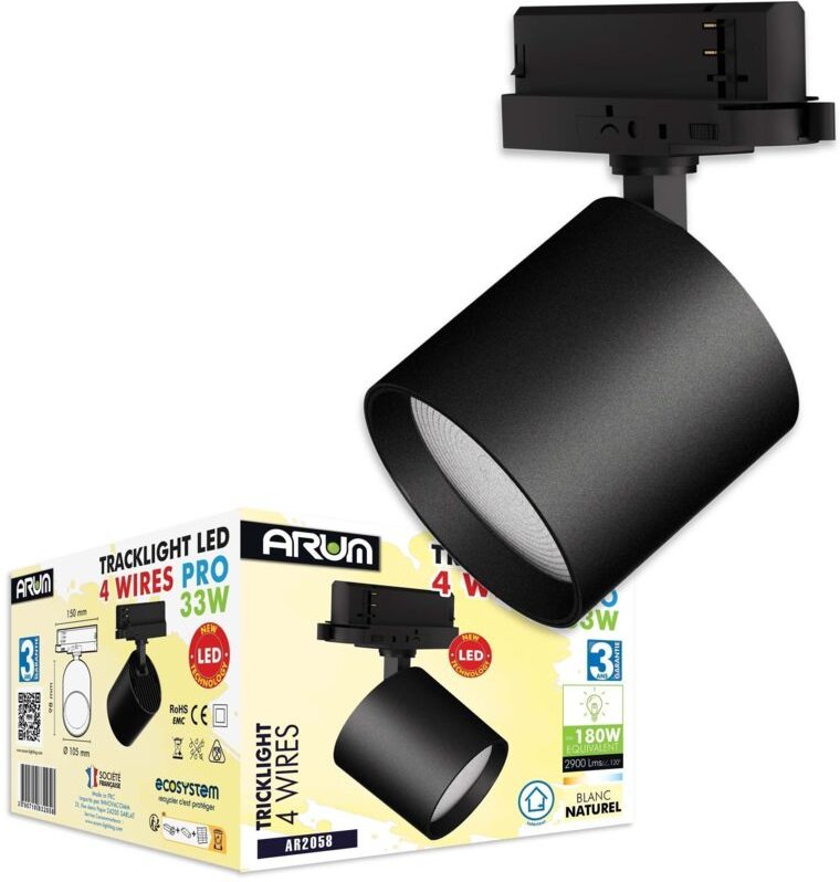 Arum Lighting - Spot Tracklight Schwarz 33W für Schiene 4 Drähte Equi 180W 2900Lm Farbtemperatur: 4000K neutralweiß