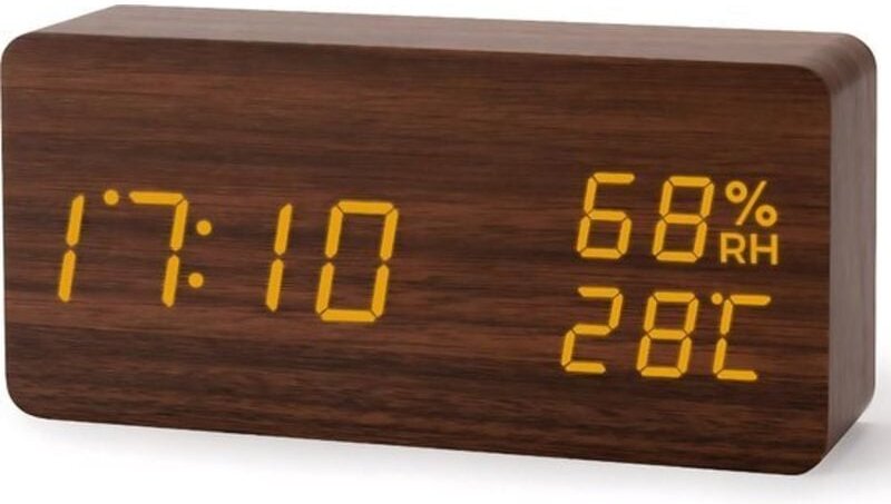 Wecker – Digitaler Wecker – Radiowecker – 15 cm (B) x 4 cm (H) – Holzgehäuse – USB-Anschluss – Braun