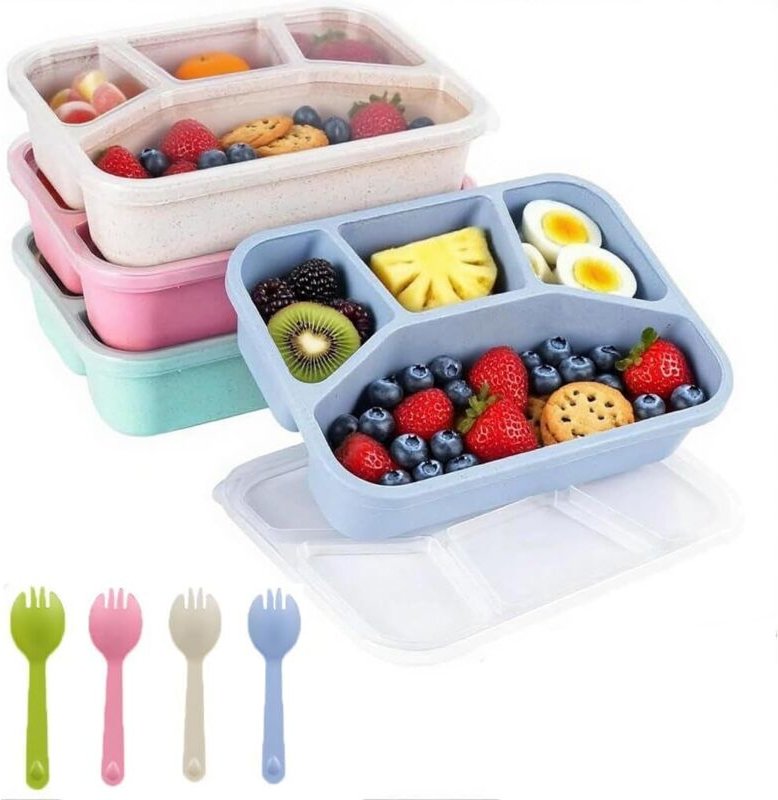 Lunchbox, 4 Snackboxen mit je 4 Fächern, Bento-Box mit Löffel, wiederverwendbare Aufbewahrungsbehälter mit transparenten...