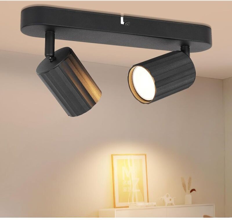 Schwarze LED-Deckenleuchte mit 2 Spots, GU10-Leuchtmittel, 350° verstellbar, max. 50 Watt pro Spot, Wandleuchte für den ...