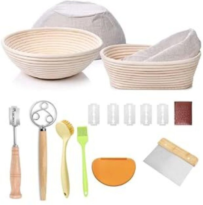 Brotgärkorb-Set, runder und ovaler Sauerteig-Gärkorb, 100 % natürliches Rattan, Brotlame, Teigbesen, Schaber und Pinsel....