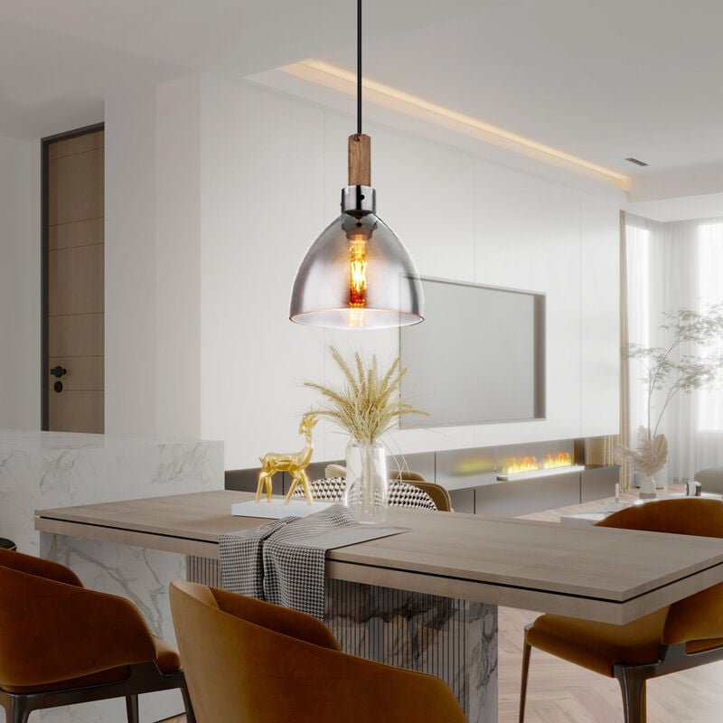 Led Pendellampe schwarz Hängeleuchte modern Esszimmerlampe, Pendelleuchte Esstisch Holzoptik Rauch Glas, Metall matt, 1x...