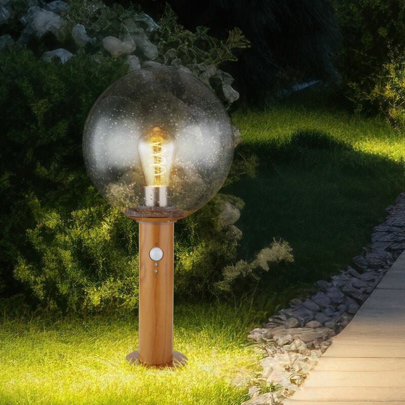 Thumbnail - Led Sockellampe mit Bewegungsmelder Sockeleuchte Außenstehleuchte Gartenlampe Bewegungsmelder, Alu Holzoptik Glaskugel, ...