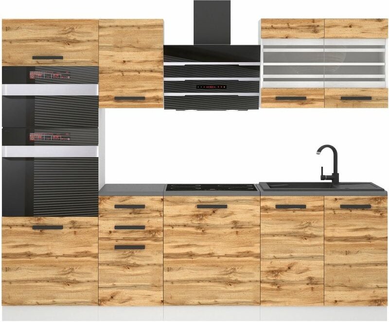 Küchenzeile Küchenblock Tracy - Küchenmöbel 240 cm Einbauküche Vollausstattung ohne Elektrogeräten mit Hängeschränke und...