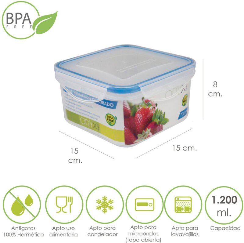 Oryx - Hermetischer quadratischer Kunststoffbehälter 1200 ml. 15x15x8 (h.) cm.