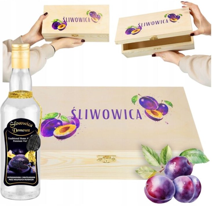 Geschenkset aus Holz mit Pflaumenbrand-Box und dekorativer Pflaumenbrand-Flasche