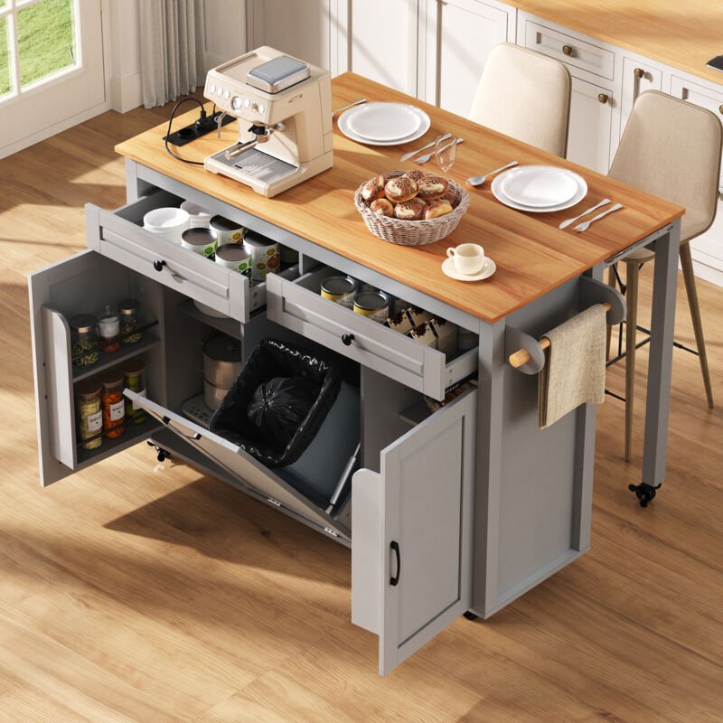 Mobile Kücheninsel mit Stauraum und Ladestation, Holz, 120 x 40–75 x 92 cm, grau