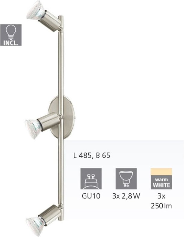 Eglo - 3er led Spot Buzz nickel-matt 48,5 x 6,5 cm GU10 Deckenlampen & Kronleuchter