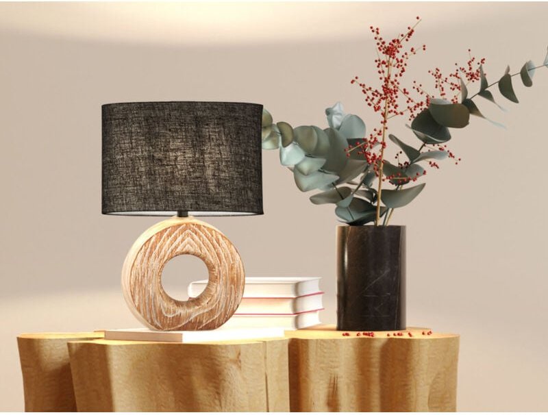 Meinewunschleuchte - led Tischlampe mit Keramikfuß Holzoptik & Leinenschirm Grau, Höhe 31cm