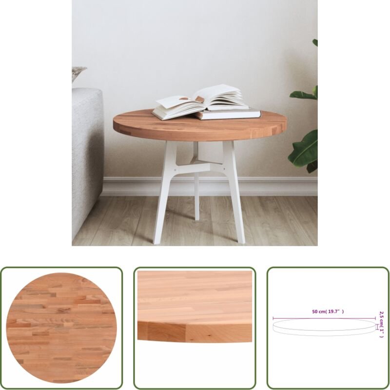 vidaXL Tischplatte - Tischplatte Ø50x2,5 cm Rund Massivholz Buche