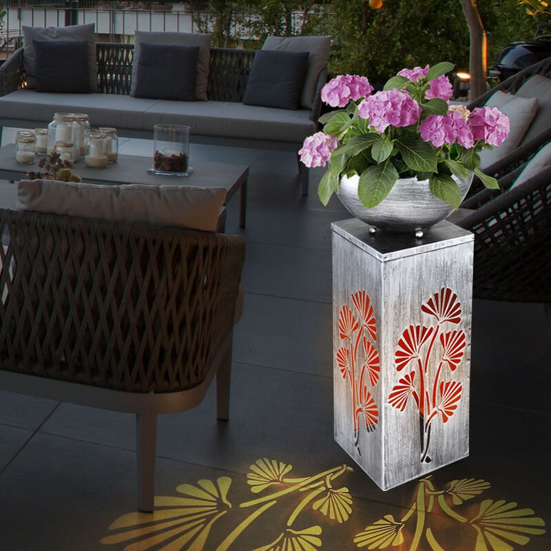 Solarlampe silber Dekosäule antik Retro Pflanzschale, Gartendeko Blumen Beleuchtung Außenlampe, Metall, 1x led 3000K war...