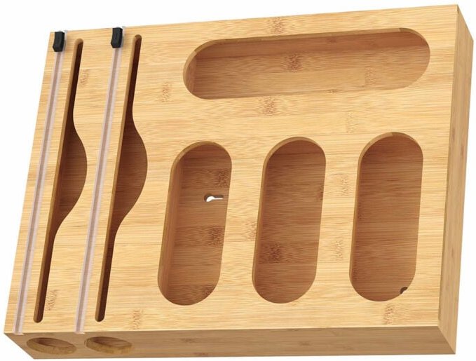 Relaxdays Folienspender 6 in 1, Frischhalte-, Alufolie, Gefrierbeutel, Bambus, Wand & Schublade, 43,5x33,5x7,5 cm, natur