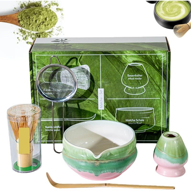 Set aus 5 Matcha-Tees, inklusive Pinsel, Schale und rosa Set mit Ausguss, Schneebesen, Löffel, Chasen (Teeschale) und Si...