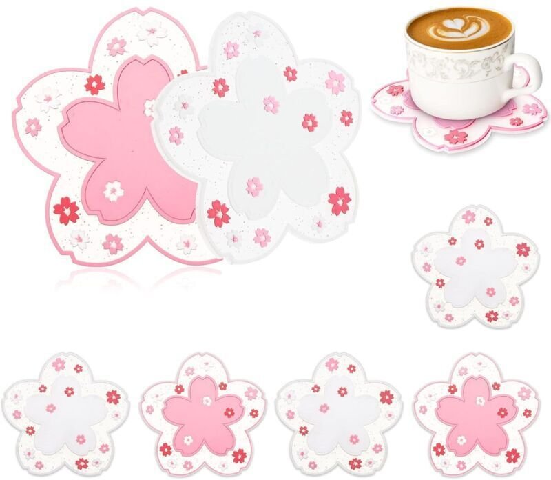 Silikon-Getränkeuntersetzer, 6er-Set, niedliche, rutschfeste, abwaschbare Untersetzer (rosa-weißes Sakura-Design)
