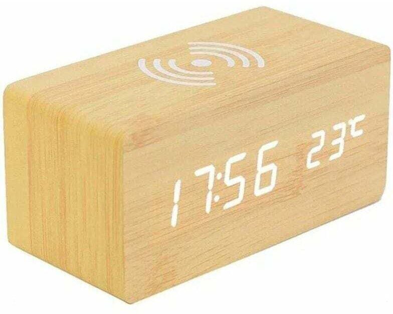 XU Digitalanzeige-Thermometer-Wecker, LED-Digitalanzeige mit kabellosem Ladegerät, XU, Induktionsladung für Schlafzimmer...