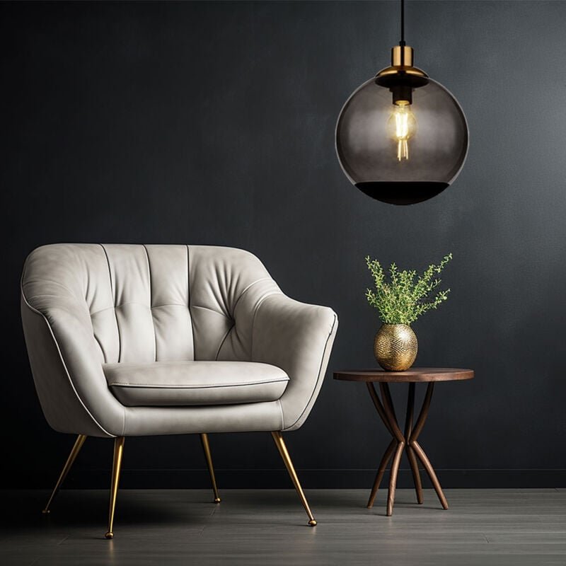 Hängelampe Glas modern Pendelleuchte Rauchglas Hängeleuchte schwarz, Metall Glaskugel messing Retro, 1x E27 Fassung, DxH...