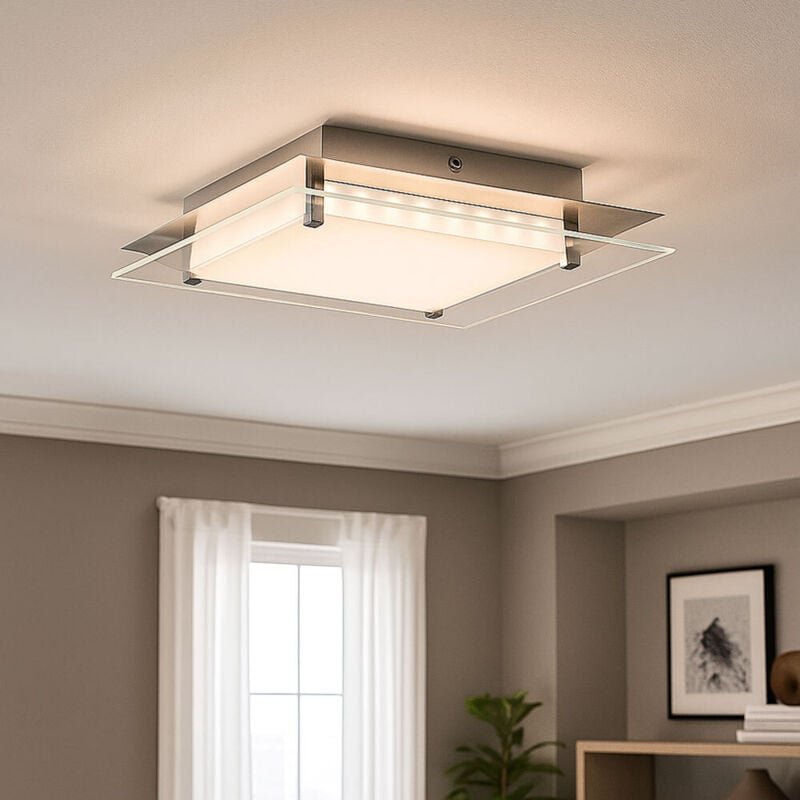 Deckenleuchte Deckenlampe Schlafzimmerleuchte Wohnzimmerlampe, Dimmbar, Glas nickel matt klar satiniert, 1x LED 40W 2000...