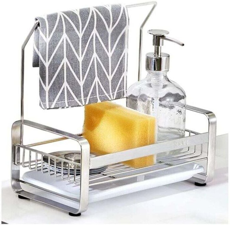 Spülbecken-Schwammhalter aus Edelstahl mit Handtuchhalter, abnehmbarer Ablage zur Aufbewahrung von Spülbürsten, Spülschw...
