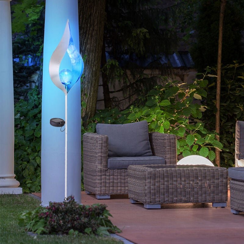 Led Solarlampen für Außen Gartendeko Erdspieß Solar Gartenlampe Steckleuchte blau silber Flammen Design, Crackle Glas, h...