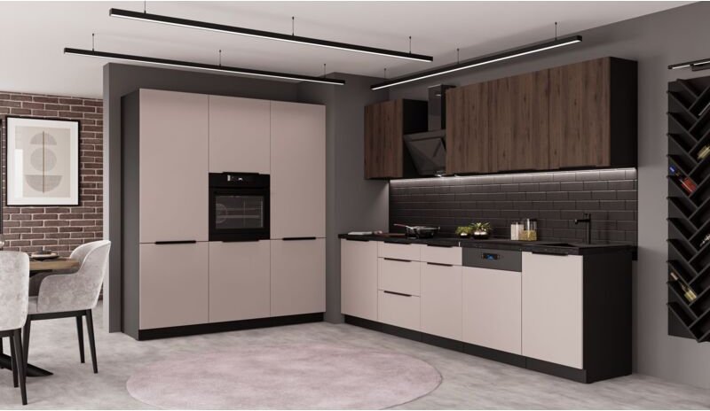 Küchen Preisbombe - Küche arona + monza 280 + 180 cm Küchenzeile Küchenblock Einbauküche Kaschmir beige matt + Nußbaum +...