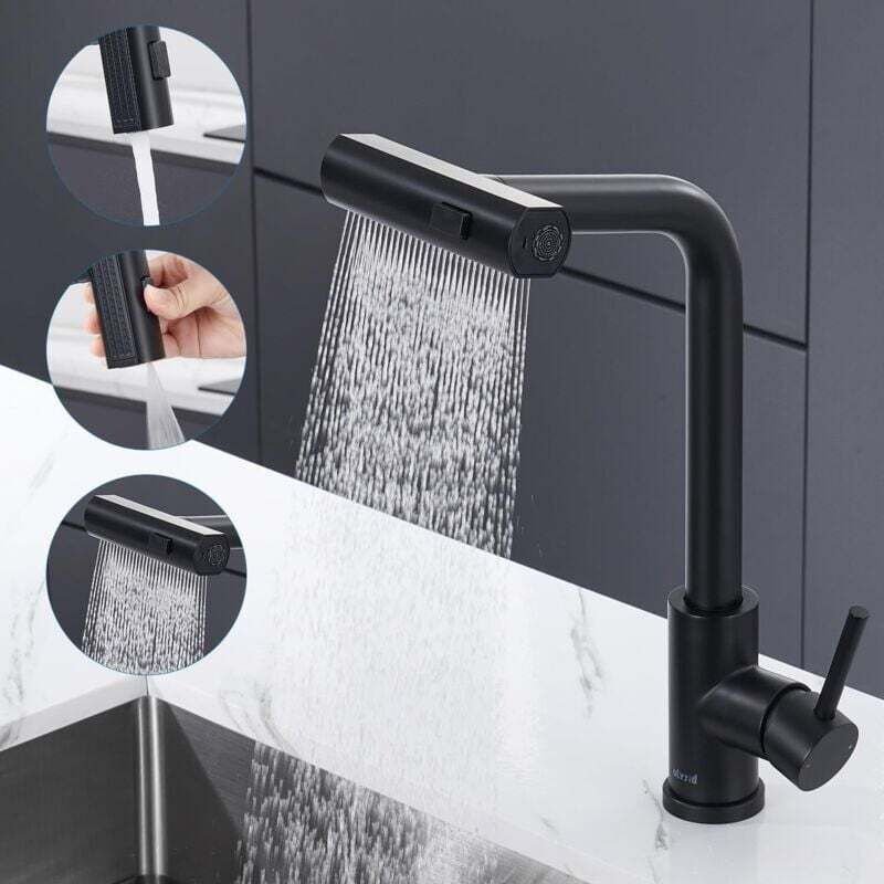 Schwarze Wasserfall-Küchenarmatur, ausziehbare Küchenmischbatterie mit Brausekopf, 3 einstellbare Wassergeschwindigkeite...