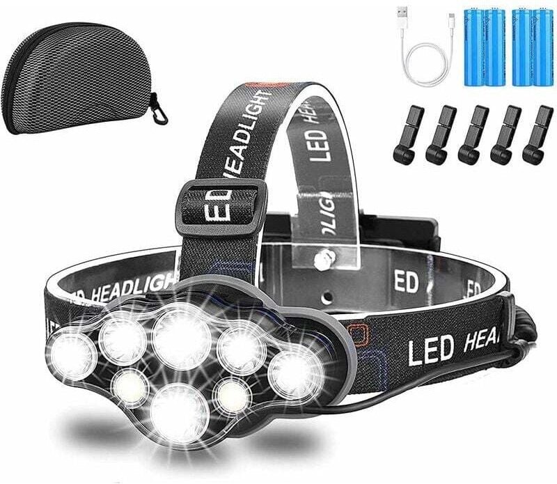 Stirnlampe, superhelle 8-LED-Stirnlampe, 18000 Lumen, wiederaufladbar über USB, wasserdicht, verstellbar, für Camping, A...