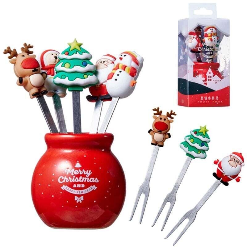 Weihnachts-Silikon-Obstgabel, Salatgabel, Edelstahl, für Kinder, Lebensmittel mit Keramik-Becherhalter, wiederverwendbar...