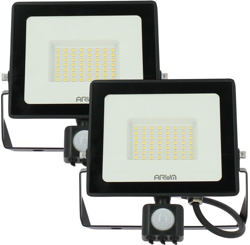 Set mit 2 50-W-LED-Flutlichtern. Schwarzer Bewegungsmelder IP65 Farbtemperatur: Kaltes Weiß 6000K