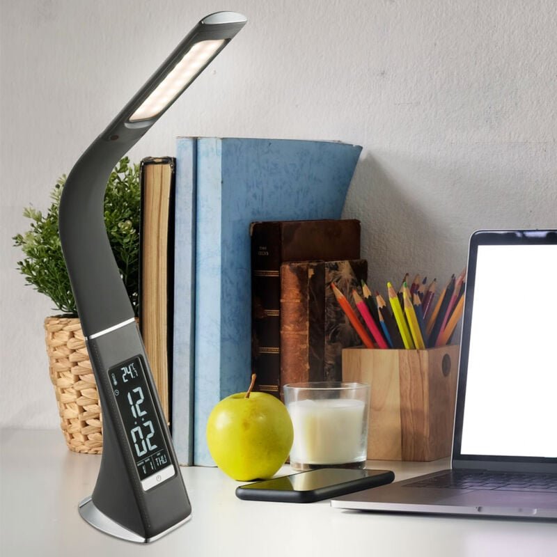 Led Tischleuchte mit Uhr Schreibtischlampe Nachttischleuchte flexible Leselampe Tischlampe dimmbar, Kalender Wecker Ther...