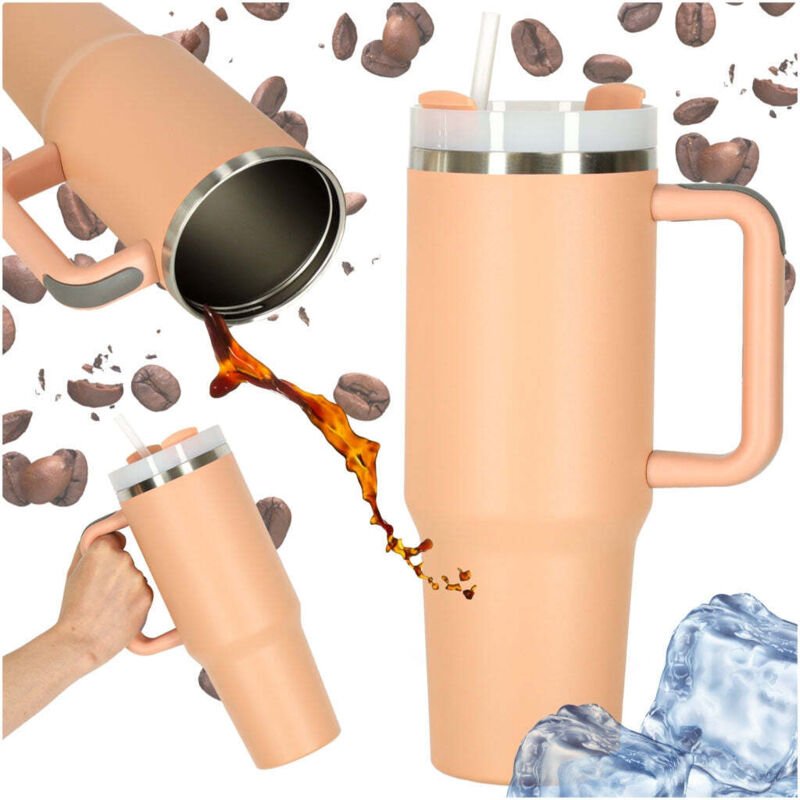 Thermobecher mit Strohhalm und Henkel, 1200 ml, Pink