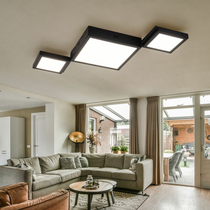 Deckenleuchte Modern Wohnzimmerleuchte Decke Deckenlampe schwarz, Metall, led 25W 1072Lm warmweiß, LxBxH 71x31x4,5 cm