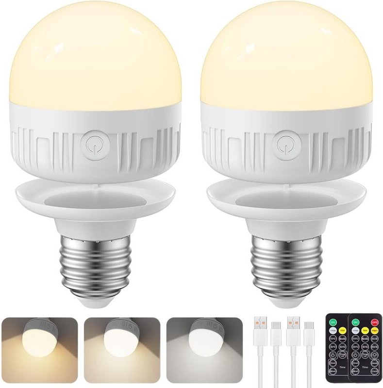 2er-Pack E26-Akku-Glühbirnen mit Fernbedienung, 5 W, 350 lm, 2000 mAh, magnetische Akku-Glühbirnen, 3 Farbtemperaturen, ...