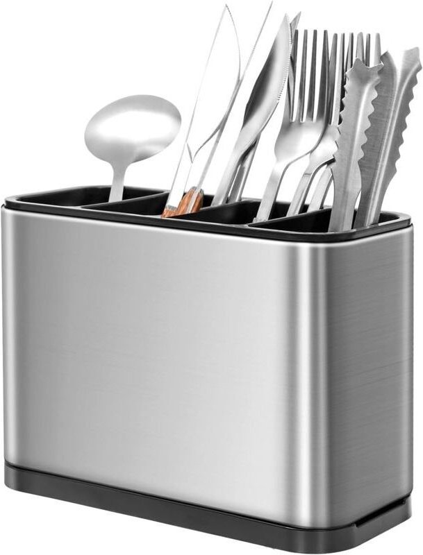 Besteckkasten mit 4 Fächern, Küchenaufbewahrung, Utensilienorganizer, rutschfester Besteckhalter aus Edelstahl mit herau...