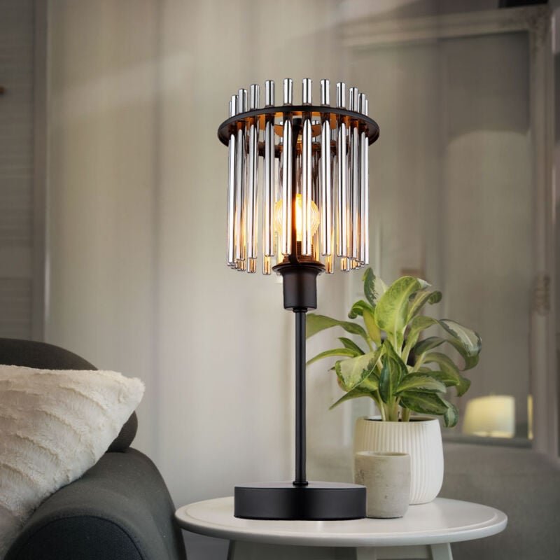 Thumbnail - Led Tischleuchte Beistelllampe Schlafzimmerlampe Nachttischlampe Tischlampe, Metall schwarz Glasstäbe rauchfarben, 1x E1...