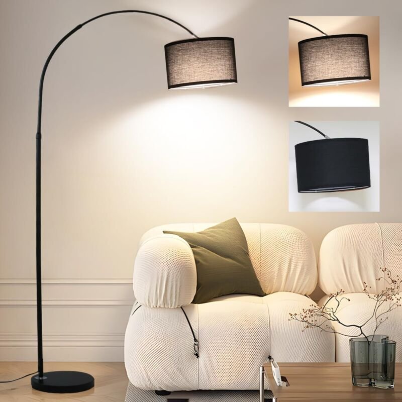 Antenlicht Bogenlampe Wohnzimmer Stehlampe I Inklusive LED E27 I Stoffschirm 33 cm Schwarz I Fußschalter I Bogenleuchte ...