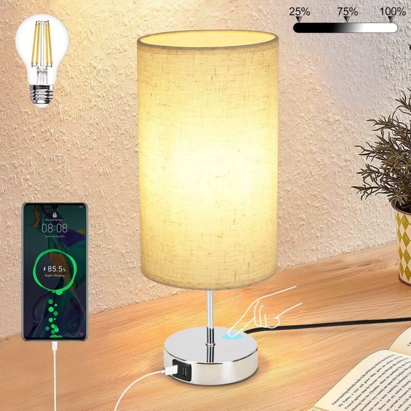 Nachttischlampe mit Ladefunktion Touch - Tischlampe E27 Warmweiß Dimmbar Nachtlicht usb Stoff Lampenschirm für Modern De...