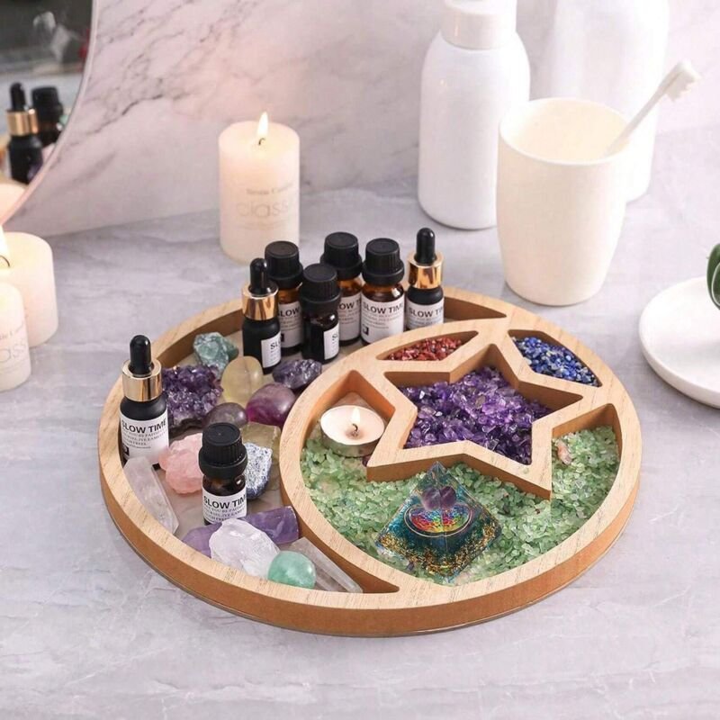 Holztablett für Kristalle, verziert mit Mond- und Sternmotiven, ideal zur Aufbewahrung von Steinen, lebensmittelecht und...