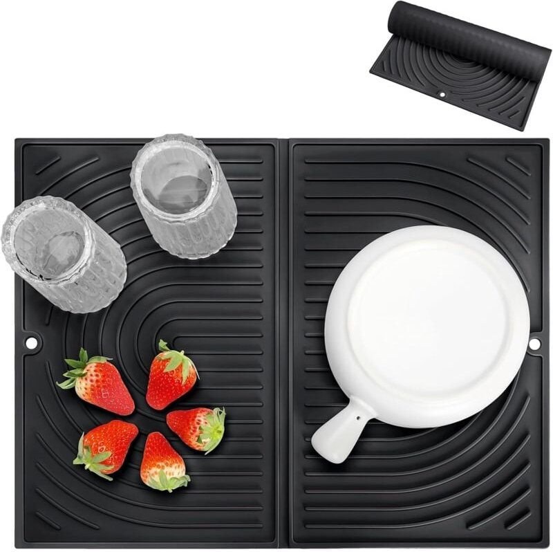 Abtropfmatte, faltbare Abtropfmatte, universeller rutschfester Silikonuntersetzer für die Küche (43×34 cm, schwarz)