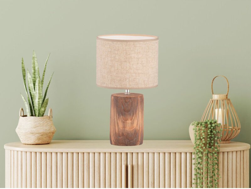 Meinewunschleuchte - led Tischlampe mit Leinenschirm Beige & Betonfuß Holzoptik, Höhe 43cm