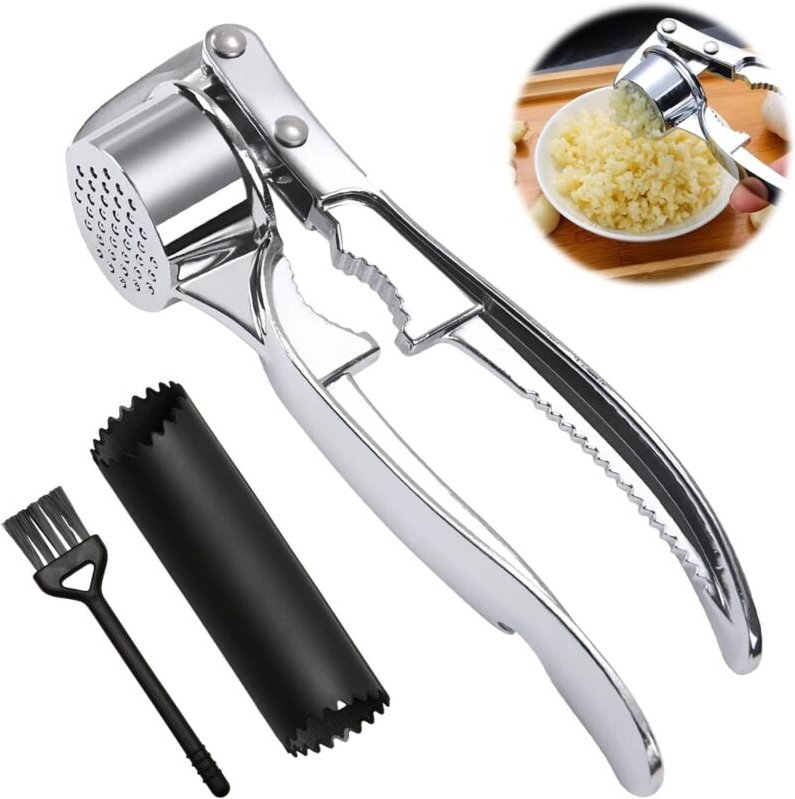 Knoblauchpresse aus Edelstahl, spülmaschinenfest, mit Silikonschäler und Reinigungsbürste, ergonomisches Küchengerät für...