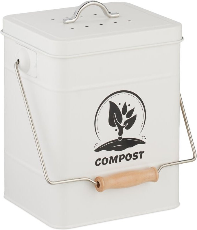 Relaxdays - Komposteimer Küche, 6 l, kleiner Mülleimer, Deckel und Geruchsfilter, Metall, Abfalleimer Biomüll, weiß