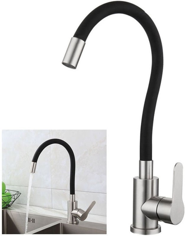 Flexible Küchenarmatur mit hohem Schwenkauslauf, flexible Spültischarmatur, gebürsteter Edelstahl und Schwarz, Einloch-S...