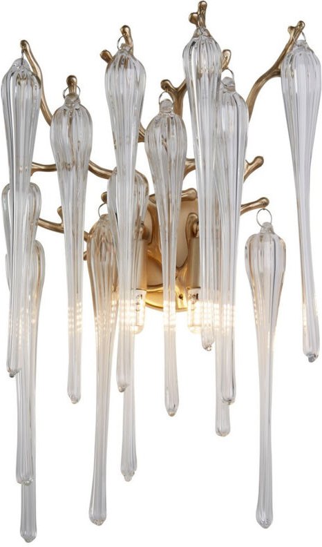 Searchlight Heritage Wandlampe mit 2 Lichtern, goldenes Metall und Tropfen aus klarem Glas