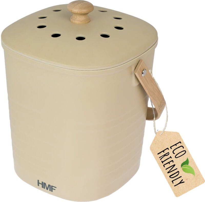 Nachhaltiger Biomülleimer Küche, Geruchsdichter Komposteimer mit Deckel, 6 Liter, Beige - HMF