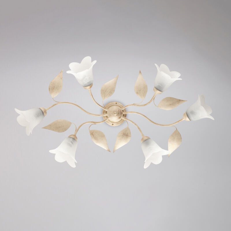 Bonetti Illumina - Sechs Lichter Iron Ivory Gold Deckenlampe mit weißem Alabasterglas 95x52x h20 cm