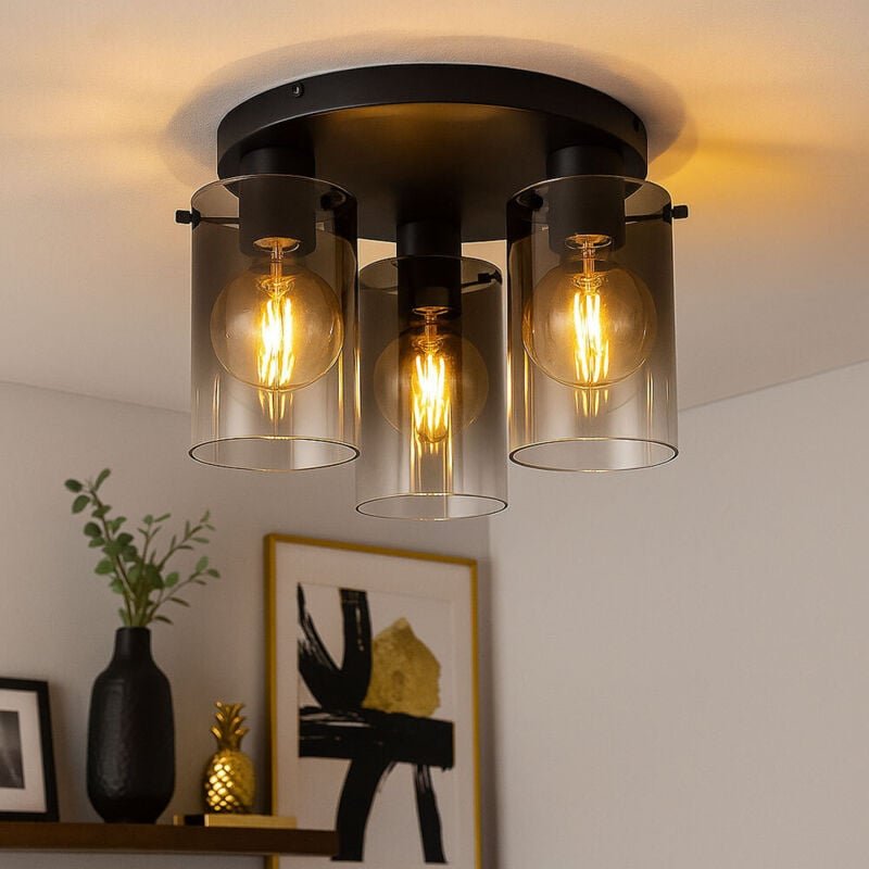 Deckenlampe Deckenleuchte Esstischleuchte 3 flammig Rauchglas, Metall schwarz, 3x E27 Fassungen, DxH 40,5x26 cm